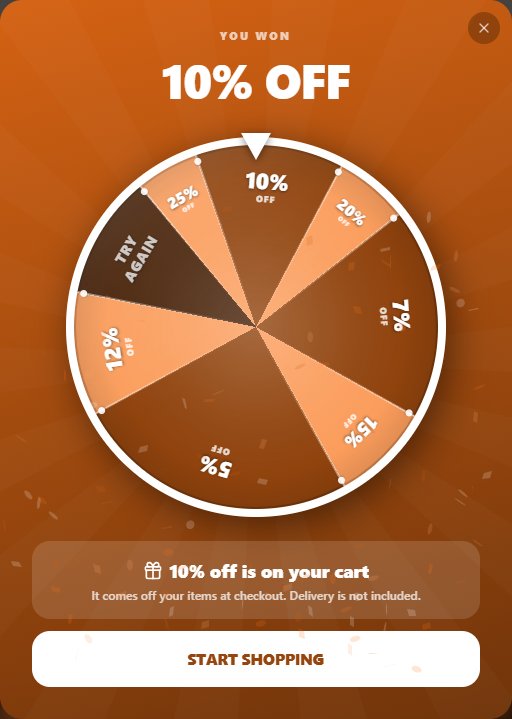 The SendSawa prize wheel after a spin: the buyer has won 10% off, with a note saying it comes off their items at checkout