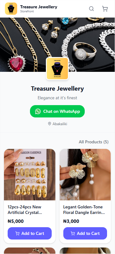 A storefront on a phone showing jewellery products with naira prices